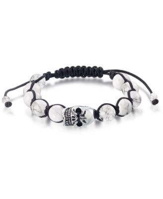 Andrew Charles by Andy Hilfiger Mens Onyx Bead Skull Bolo Bracelet in Stainless Steel Also in Tigers Eye White Agate - White Agate 98$