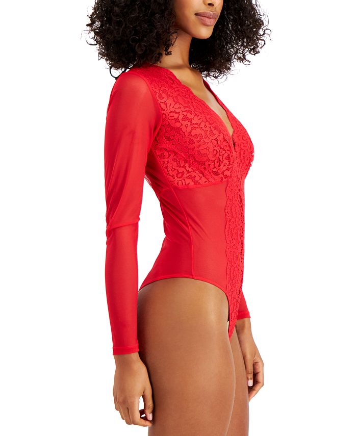 INC International Concepts Not So Basic Long-Sleeve Lace Mesh Bodysuit,  Created for Macy's - Macy's