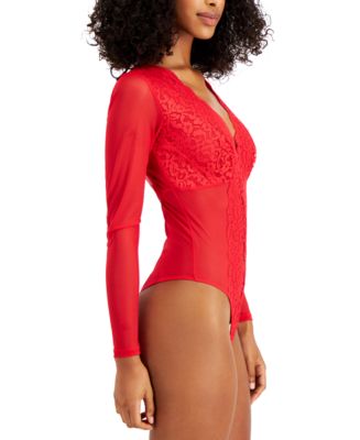 Red long-sleeved mesh bodysuit with thighs and lace