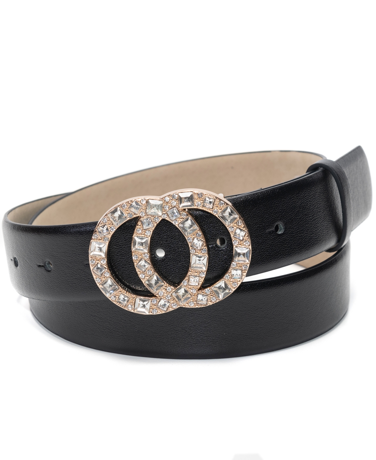 Inc International Concepts Women's Embellished Double Circle Leather Belt, Created For Macy's In Black,silver