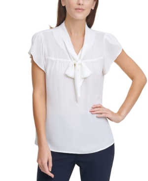 Dkny Tulip-sleeve Tie-neck Top In Linen White
