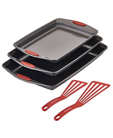 Nonstick Bakeware Cookie Pan Set, 5-Pc., Gray with Red Silicone Grips