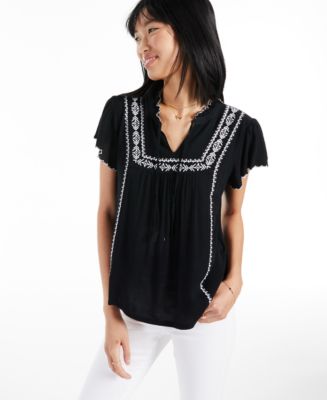 売れ筋商品|||スタイルアンドコー カットソー トップス レディース Petite Embroidered Flutter-Sleeve Top, Exclusively at Macy's Flutter Black Style & Co Petite Embroidered Flutter-Sleeve V-Neck Peasant