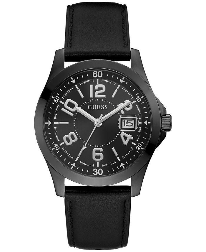 GUESS Men's Black Leather Strap Watch 42mm - Macy's