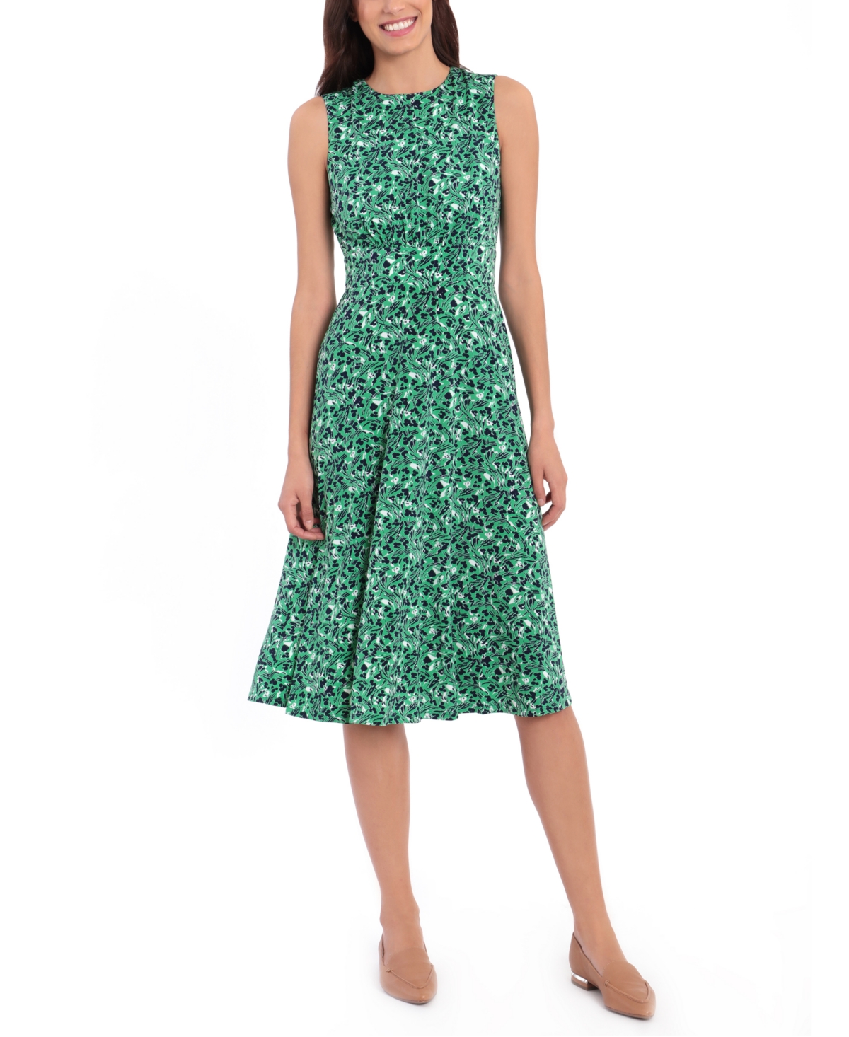 London Times Petite Printed Banded-waist Midi Dress In Green