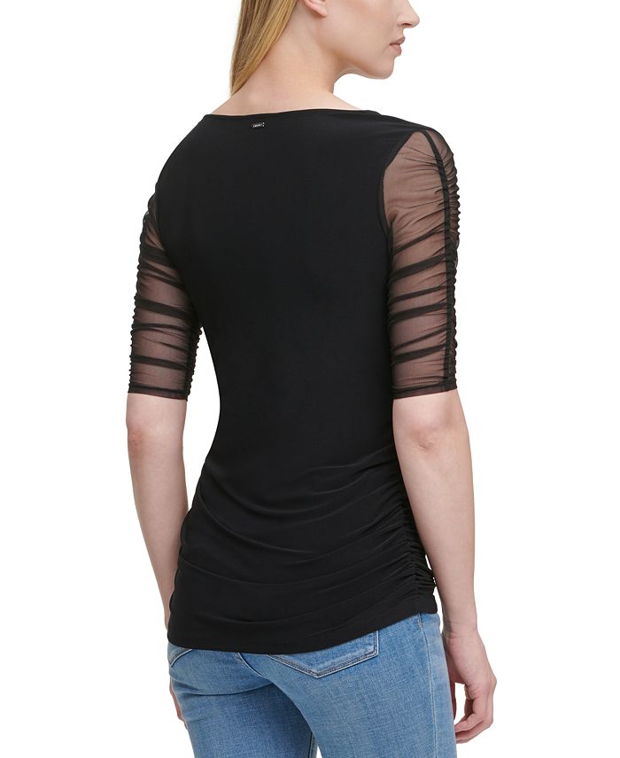 DKNY Sheer-Sleeve Ruched Top & Reviews - Tops - Women - Macy's