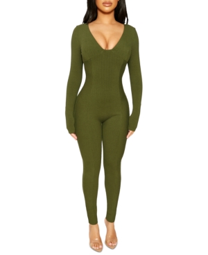 Naked Wardrobe Long-sleeve Princess Cut Bustier Jumpsuit In Forest Green