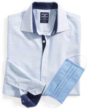 Society of Threads Men's Slim-Fit Non-Iron Performance Stretch White/Blue Paisley-Print Dress Shirt with Pleated Face Mask