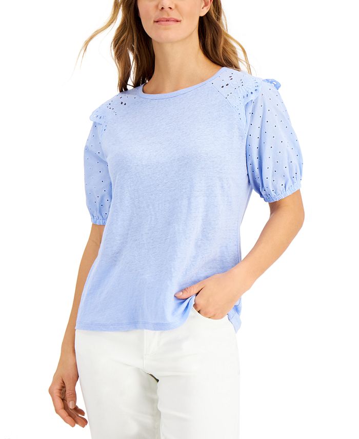 Charter Club EyeletTrim PuffSleeve Top, Created for Macy's & Reviews