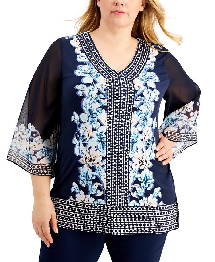 JM Collection Plus Size Printed Studded Top, Created for Macy's ...