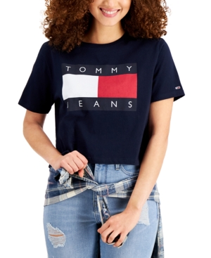 TOMMY JEANS COTTON FLAG LOGO CROPPED T-SHIRT