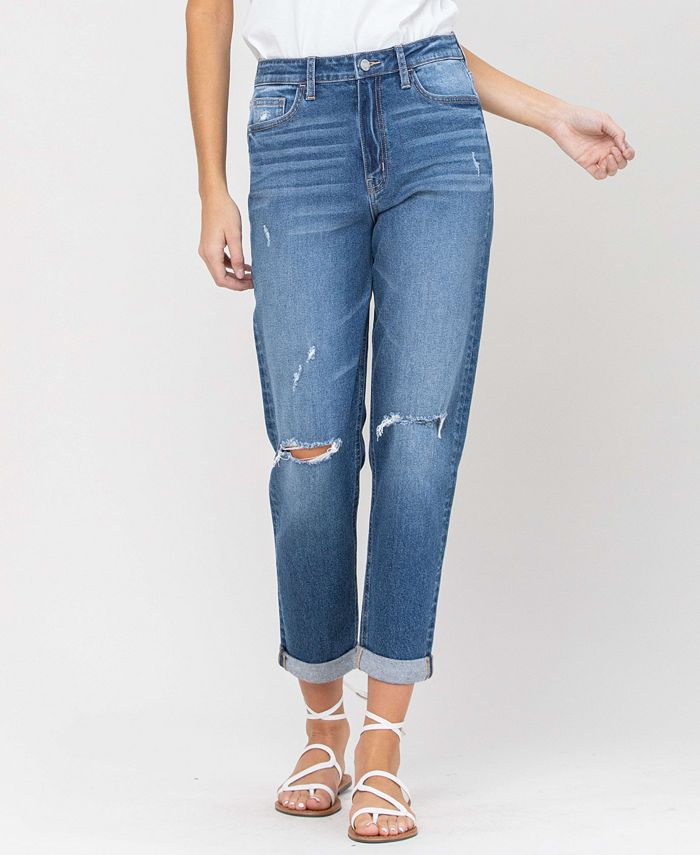 VERVET Women's Distressed Double Cuffed Stretch Mom Jeans - Macy's