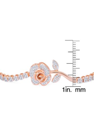 Diamond Accent Rose Flower Adjustable Bolo Bracelet in Rose Gold Plate or Gold Plate