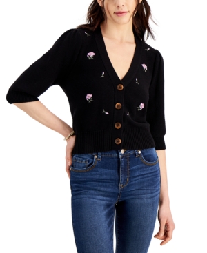 Hooked Up by Iot Juniors' Embroidered Puff-Sleeve Cardigan