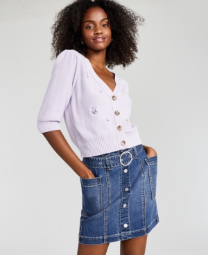 Hooked Up by Iot Juniors' Embroidered Puff-Sleeve Cardigan