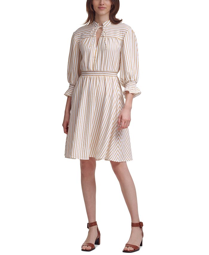 Calvin Klein Textured Stripe Balloon-Sleeve Dress - Macy's