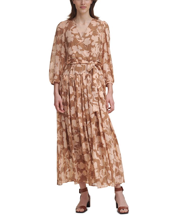 Calvin Klein Printed Blouson-Sleeve Maxi Dress & Reviews - Dresses ...