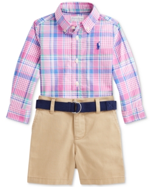Ralph Lauren Baby Boys Plaid Shirt Belt & Shorts Set