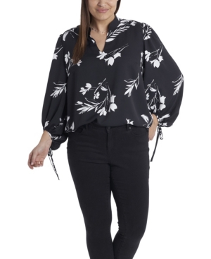 Vince Camuto Women's Plus Size Long Sleeve Floral Whisps Blouse With Ties In Rich Black