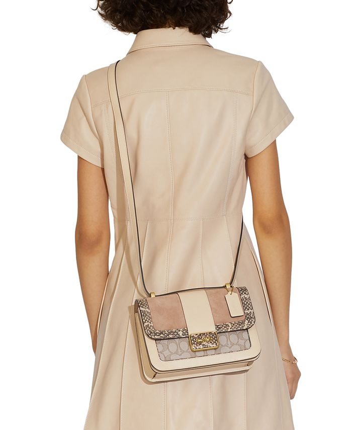 alie shoulder bag 18 in signature jacquard with snakeskin detail