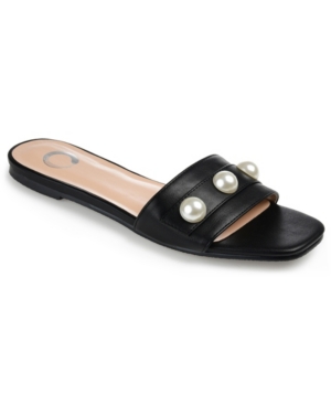 JOURNEE COLLECTION WOMEN'S LEONIE IMITATION PEARL EMBELLISHED SLIDE FLAT SANDALS