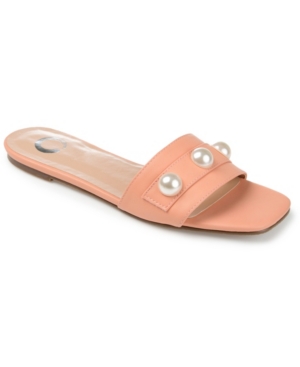 JOURNEE COLLECTION WOMEN'S LEONIE IMITATION PEARL EMBELLISHED SLIDE FLAT SANDALS