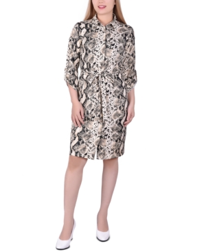 Ny Collection Petite 3/4-sleeve Printed Shirt Dress In Gray Anapatch