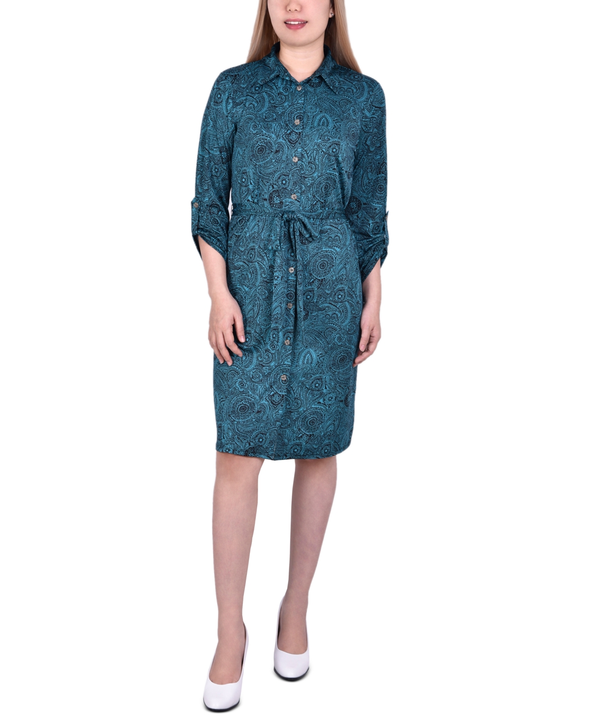 Ny Collection Petites Womens Printed Above Knee Shirtdress In Royal,white Black