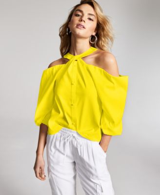 INC International Concepts - Cotton Puff-Sleeve Cold-Shoulder Halter Top