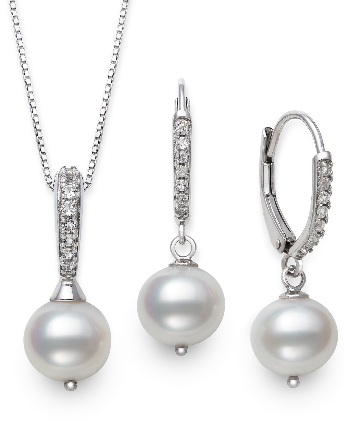 2-Pc. Set Cultured Freshwater Pearl (7-1/2mm) & Cubic Zirconia Pendant Necklace & Matching Drop Earrings in Sterling Silver - Sterling Si