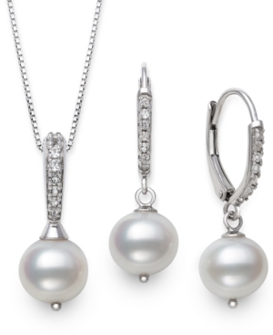 Shop Belle De Mer 2-pc. Set Cultured Freshwater Pearl (7-1/2mm) & Cubic Zirconia Pendant Necklace & Matching Drop Earr In Sterling Silver