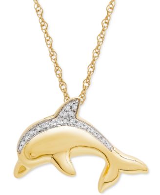 Diamond Dolphin 18" Pendant Necklace (1/20 ct. t.w.) in 10k Gold, Created for Macy's