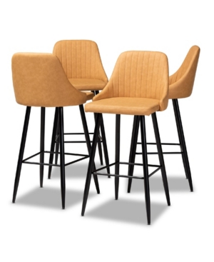 BAXTON STUDIO WALTER MID-CENTURY CONTEMPORARY FAUX LEATHER UPHOLSTERED AND METAL 4 PIECE BAR STOOL SET