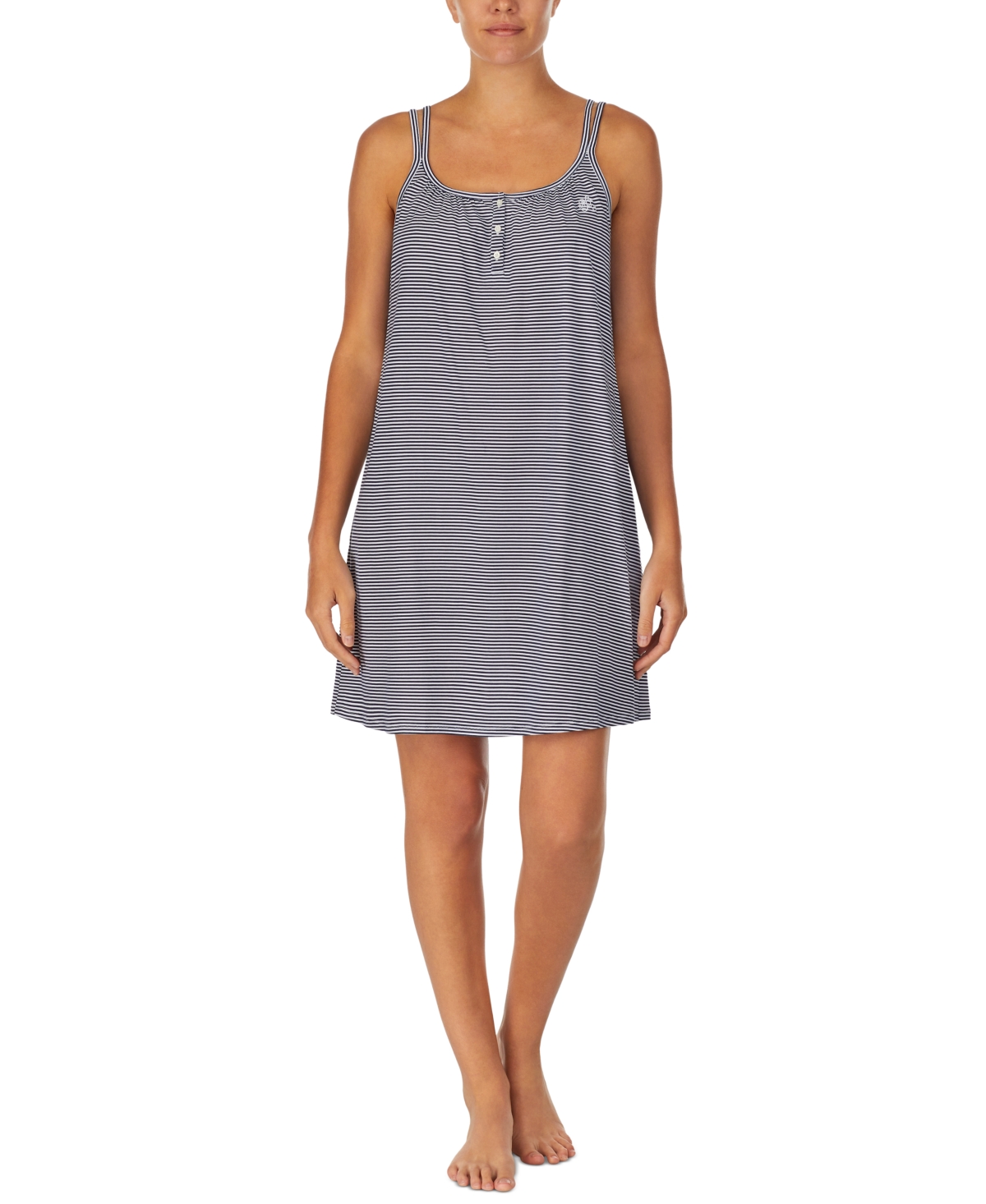 Shop Lauren Ralph Lauren Cotton Knit Double-strap Nightgown In Dark Blue,stripe