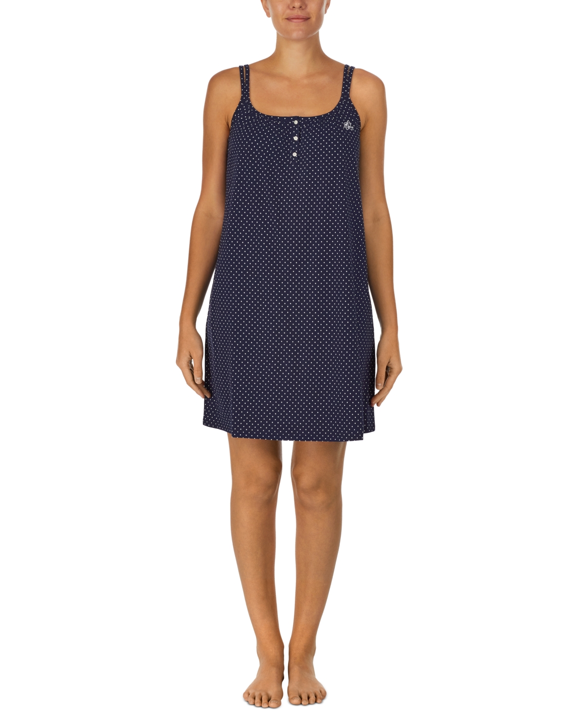 Shop Lauren Ralph Lauren Cotton Knit Double-strap Nightgown In Navy Dot