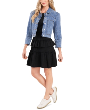 CeCe Puff-Sleeve Cropped Denim Jacket