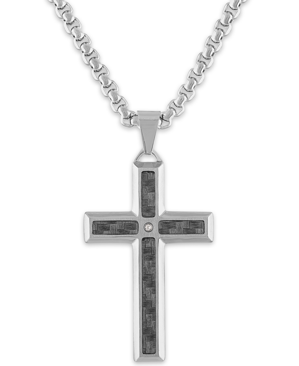 Men's Diamond Accent Gray Carbon Fiber Cross 24" Pendant in Stainless Steel - Grey/white