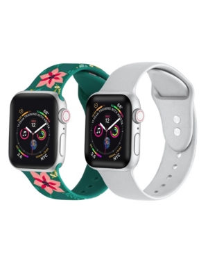 Shop Posh Tech Men's And Women's Green Floral Silver-tone Metallic 2 Piece Silicone Band For Apple Watch 42mm In Multi