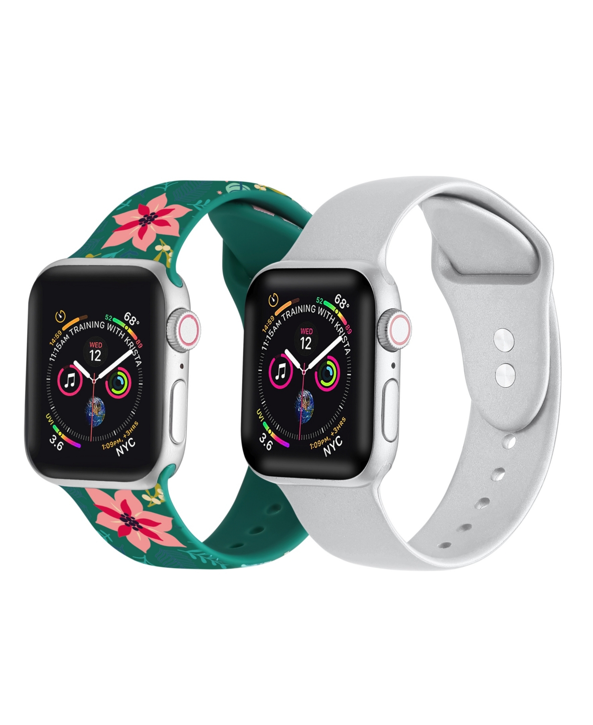 Men's and Women's Green Floral Silver-Tone Metallic 2 Piece Silicone Band for Apple Watch 42mm - Multi
