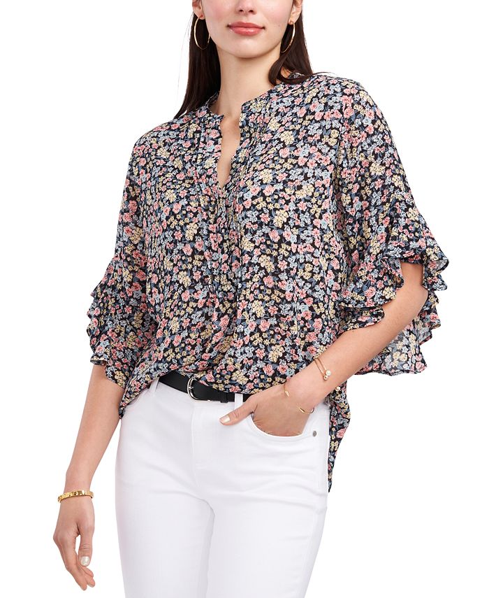 Vince Camuto Sorbet Ditsy Garden Printed Ruffled Henley Blouse - Macy's