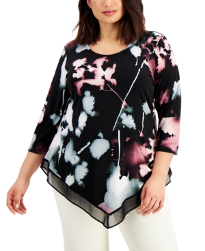 Alfani Plus Size Printed Sheer-hem Top, Created For Macy's In Transcendent Fleur