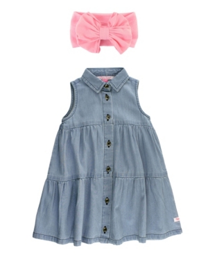 Baby Girls Tiered Button Dress and Bow Headband Set