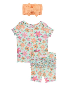 Baby Girls Snuggly Ruffled Pajamas and Bow Headband Set 2 Piece