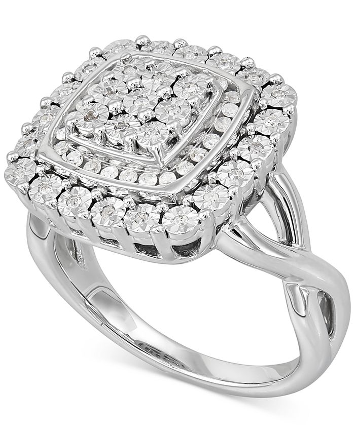 Macy's - Diamond Square Halo Cluster Ring (1/4 ct. t.w.) in Sterling Silver