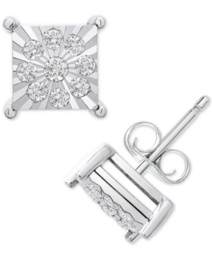 Macy's Men's Diamond Cluster Miracle Plate Square Stud Earrings (1/4 Ct. Tw) In Sterling Silver