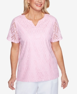 ALFRED DUNNER WOMEN'S MISSY CLASSICS DIAMOND LACE SHORT SLEEVE TOP