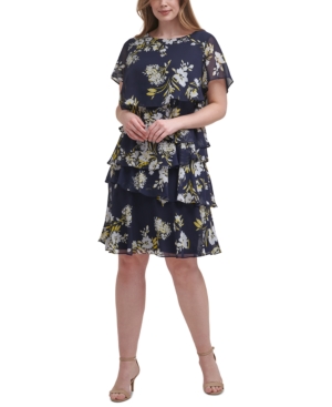 Jessica Howard Plus Size Printed Tiered Dress In Navy/yellow