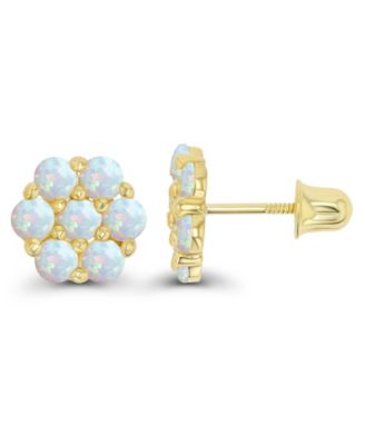 Created White Opal Round Flower Screwback Earrings in Sterling Silver (Also in 14k Gold Over Silver or 14k Rose Gold Over Silver)