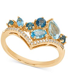 Multicolor Blue Topaz (1-1/5 ct. t.w.) & Diamond (1/10 ct. t.w.) Cluster V Ring in 10k Gold