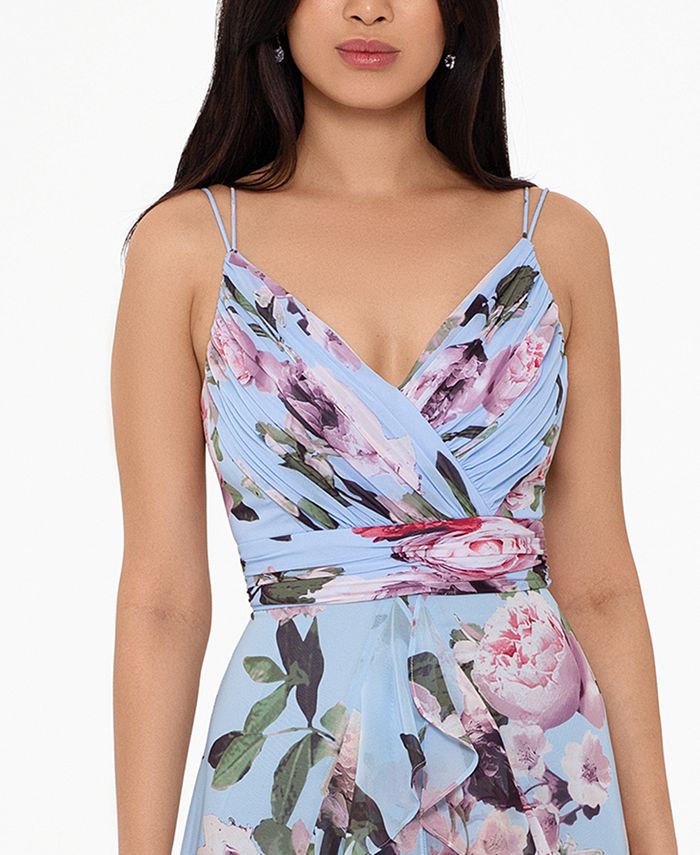 xscape floral tiered chiffon gown